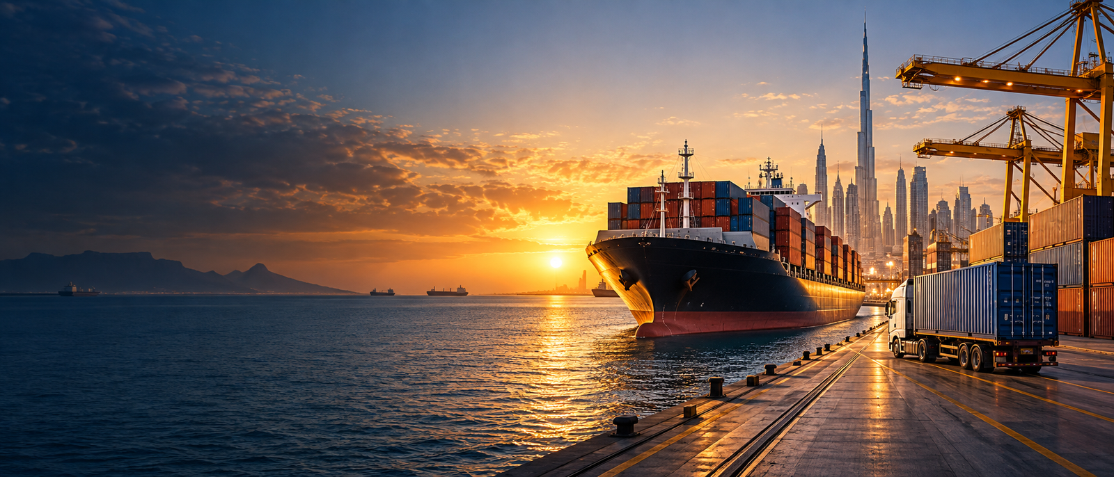 Coastal port in West Africa at sunset